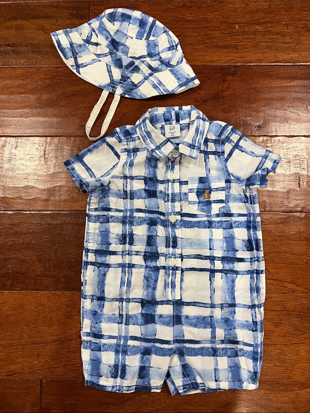 GAP Blue and White Plaid Button-Front Romper with Matching Hat